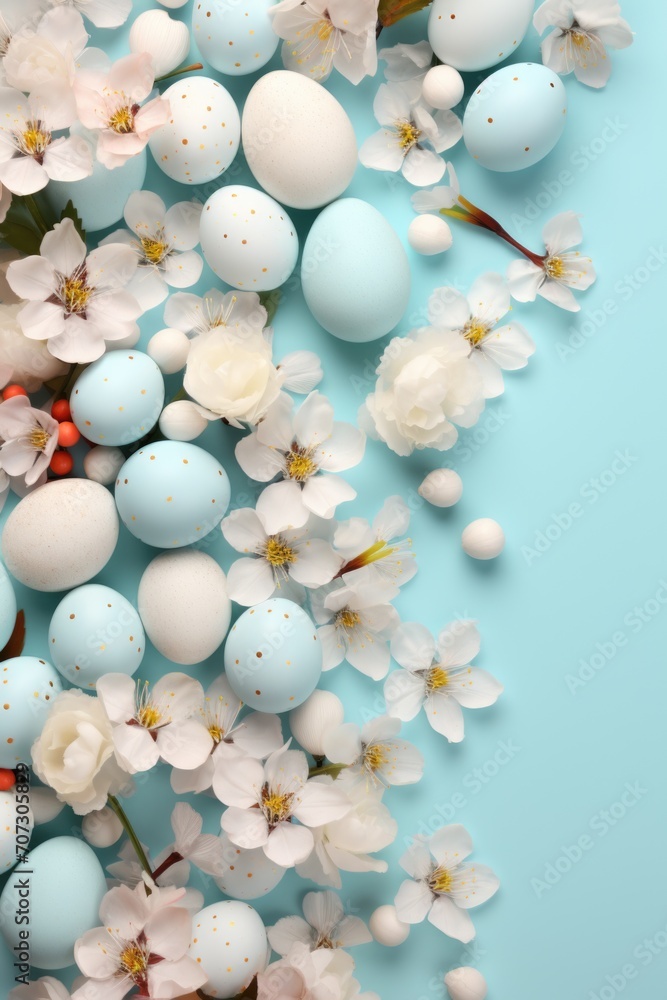 Colorful Easter Eggs on Blue Background with Spring Flowers Colorful Easter Eggs on Blue Background with Spring Flowers