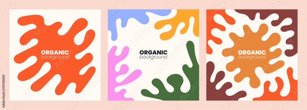 Fototapeta premium Hand drawn abstract colorful background set. Modern cards with creative trendy fluid shapes, doodle organic elements. Contemporary fanciful covers. Colored flat vector illustrations.