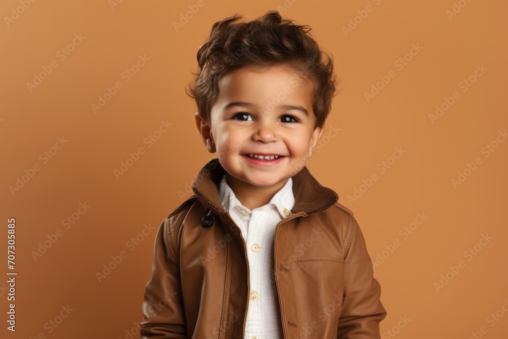 Portrait of a smiling little boy in a brown jacket against a brown background Portrait of a smiling little boy in a brown jacket against a brown background