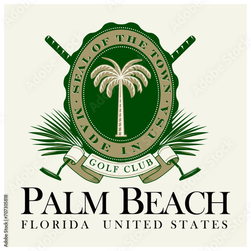 logo slogan graphic, retro golf with golf club, palm and leaves. city florida, palm beach Country club summer SS23 golf crest sport 