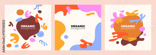 Hand drawn abstract colorful background set. Modern cards with creative trendy fluid shapes, doodle organic elements. Contemporary fanciful covers. Colored flat vector illustrations.
