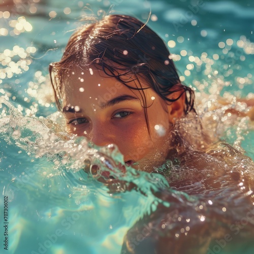 A candid moment unfolds as a teenage girl enjoys a refreshing splash in the pool  capturing the carefree essence of youth natural light and vibrant colors 