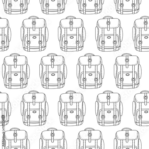 Seamless Backpack pattern. Travel, nikes, trips tourism, voyage or vacation, education background on white background. lineart vector illustration for wallpaper, textile, wrapping.
