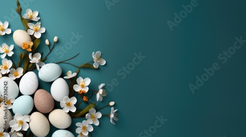 Easter background with eggs and spring flowers.