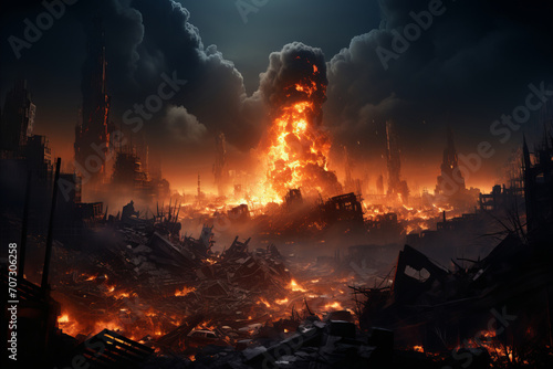 Ruined city on fire with destroyed buildings. War concept.