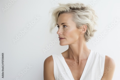 Portrait of a beautiful blonde woman with short hair. Studio shot.