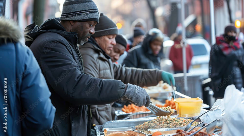 distribution of food to the American homeless of various races, Social problems. distribution of food to the American homeless of various races, Social problems.