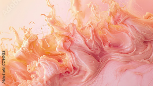 Splash of pink yellow liquid paint texture background, abstract pattern of peach color fluid. Swirl of oil surface close-up. Concept of art, design, watercolor, wave, structure
