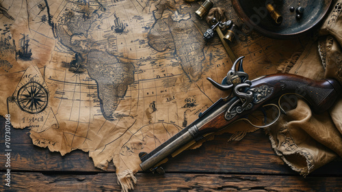 Old world map and vintage gun on wooden table, top view. Worn torn paper and rare instruments, background for journey theme. Concept of antique, history, discovery, retro, travel,