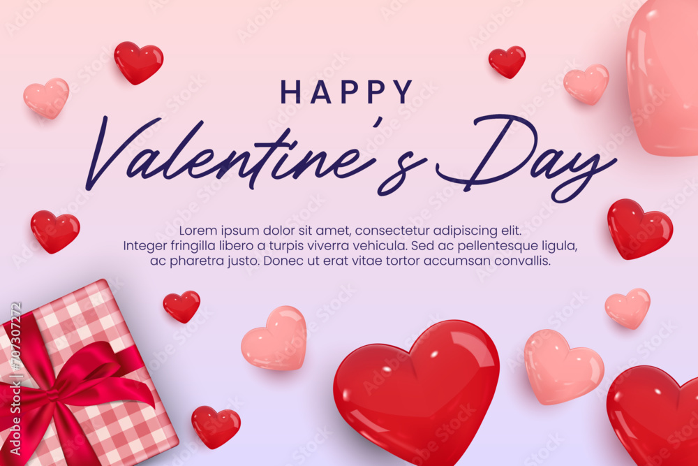 Happy valentine's day vector illustration. Valentine's day greeting card with cute color background and 3d hearts.