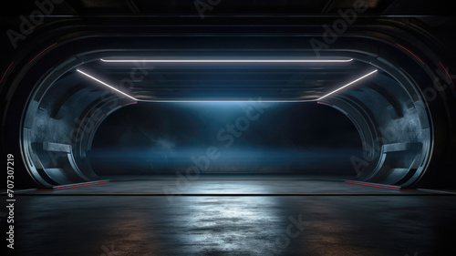 Futuristic garage background, perspective of dark empty room with led neon lighting. Modern design of large corridor, abstract space interior. Concept of industry, spaceship, building