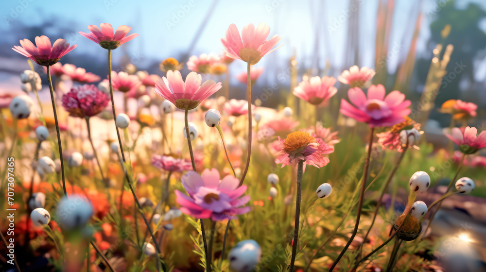 Obraz premium Vibrant cosmos flowers bloom gracefully in the garden