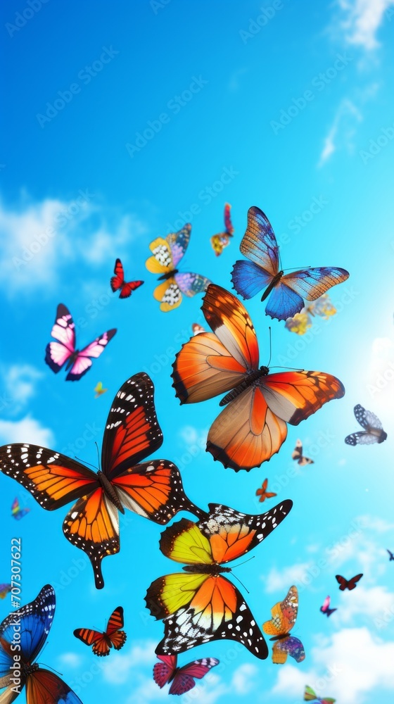 Bright blue sky with clouds and flying colorful butterflies