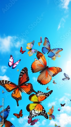 Bright blue sky with clouds and flying colorful butterflies