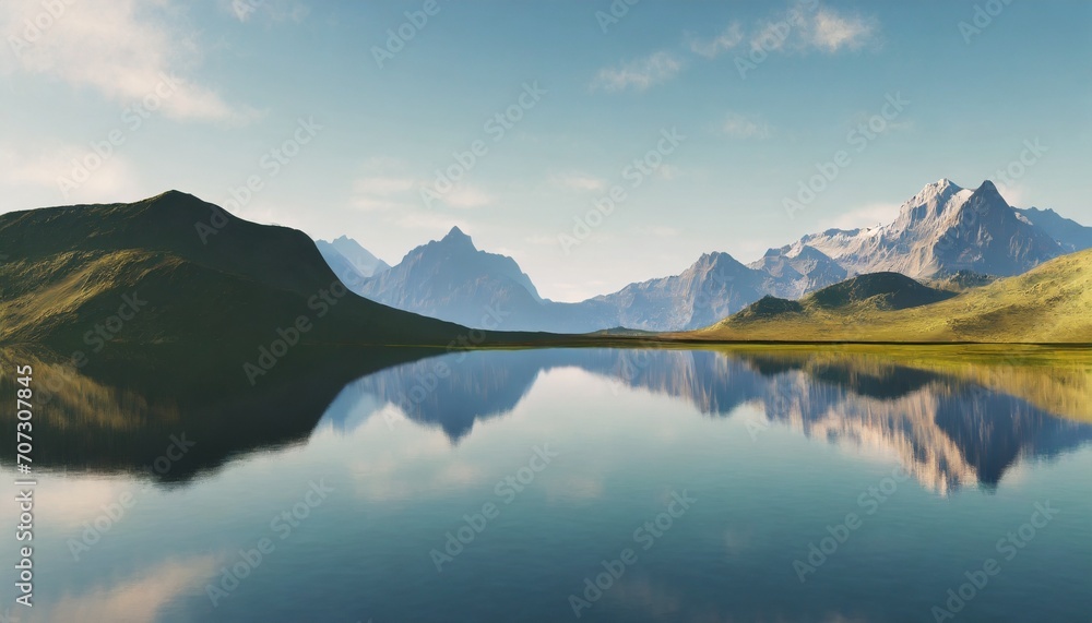 3d render fantasy landscape panorama with mountains reflecting in the water abstract background spiritual zen wallpaper with skyline