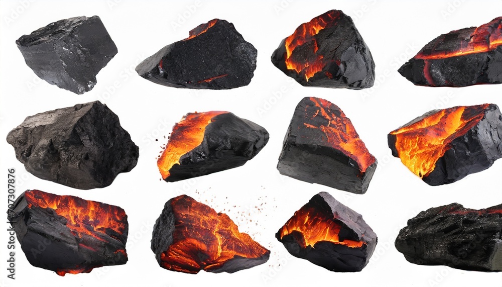 red hot coal stones set isolated white burning natural black charcoal pieces texture flaming anthracite rocks glowing coal nuggets smolder orange embers mineral fossil fuel fire mining industry - obrazy, fototapety, plakaty 