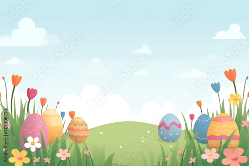 Flat cartoonish style easter banner with colorful eggs  grass and flowers  with empty copy space Generative AI