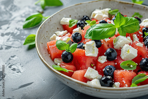 Summer salad with watermelon  blueberries and feta cheese  above view on a dark stone background  Image for booklets  menus
