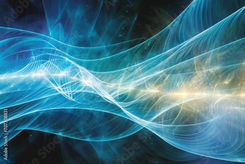 A digital art piece depicting the graceful flow of psychic energy waves in a vibrant spectrum of blue and aqua, abstract blue background photo
