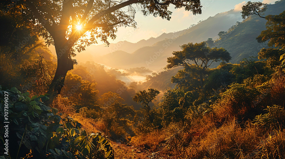 Beautiful iconic landscape of nature park at sunset with forest and mountains Beautiful iconic landscape of nature park at sunset with forest and mountains