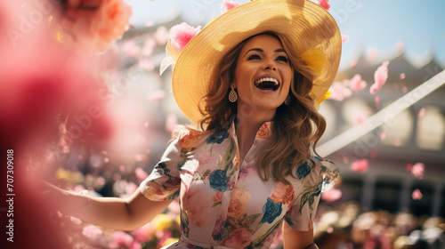 Young beautiful woman in hat happily smiled at ceremony, enjoying the event