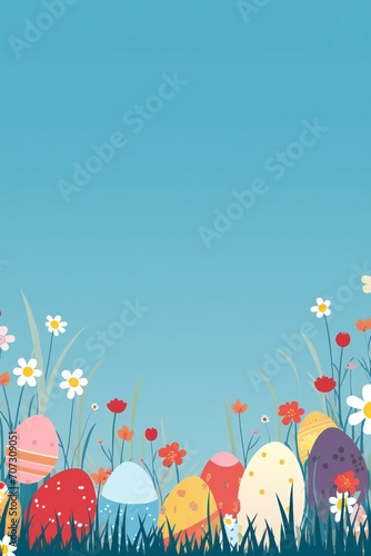 Flat cartoonish style easter banner with colorful eggs, grass and flowers, with empty copy space Generative AI