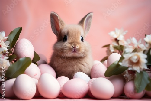 colorful easter eggs with cute bunny. © Ivy