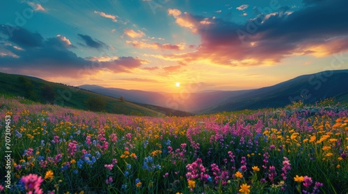 Landscape Photography, a spring valley of wildflowers, Serenity and Beauty, Golden Hour, Vivid Colors.