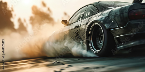 Close-up of a black car with drifting wheels in a cloud of smoke. Tire rubbing, drifting on a car or sports car, copy space. photo