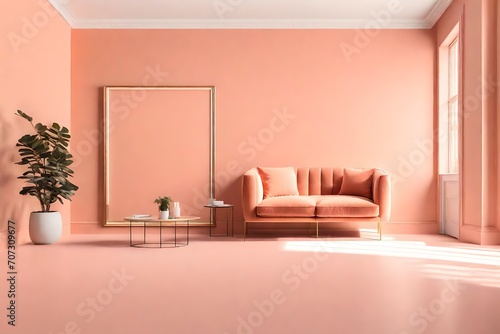 Step into a world of tranquility with a Generative AI creation of a Peach Fuzz Room, a minimal interior living room featuring