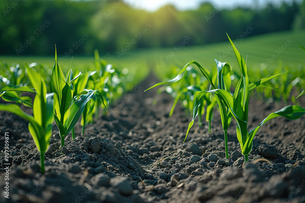 Young corn plants growing on the field on a sunny day. Selective focus. Young corn plants growing on the field on a sunny day. Selective focus.