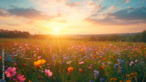 Landscape Photography, a spring valley of wildflowers, Serenity and Beauty, sunrise over a blooming field, Vivid Colors.