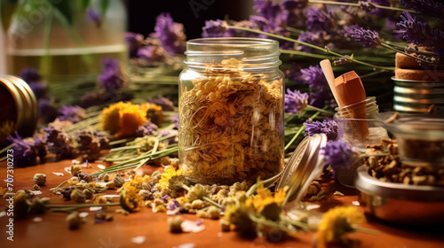 Dried chamomile flowers on a wooden table create a calming scene