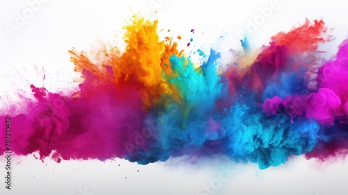 Abstract multi colored powder explosion on white background.Colorful dust explode. Painted Holi powder festival.