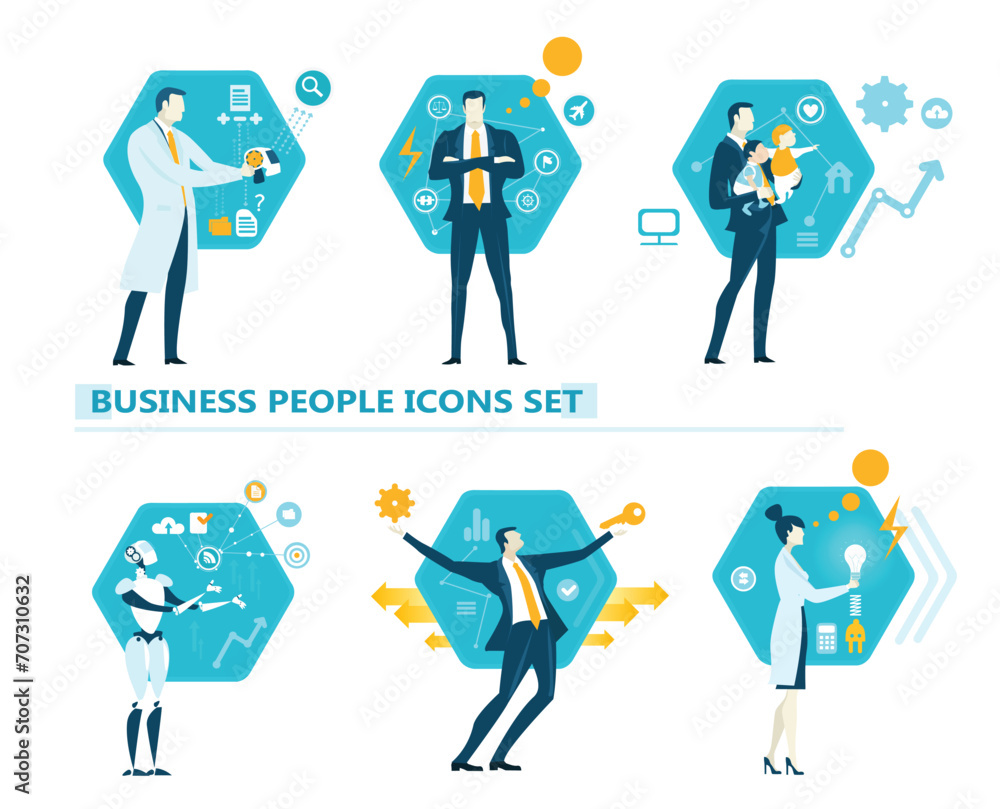 Business people and robot in actions, working, researching, analysing, developing, achieving, job positions, scientists and managers. Set of icons, flat style Business people and robot in actions, working, researching, analysing, developing, achieving, job positions, scientists and managers. Set of icons, flat style