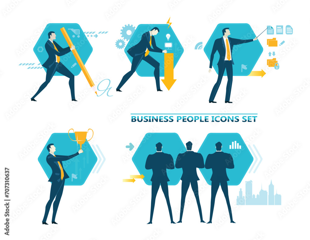 Business people in actions, working, researching, analysing, developing, achieving, job positions, scientists and managers. Set of icons, flat style