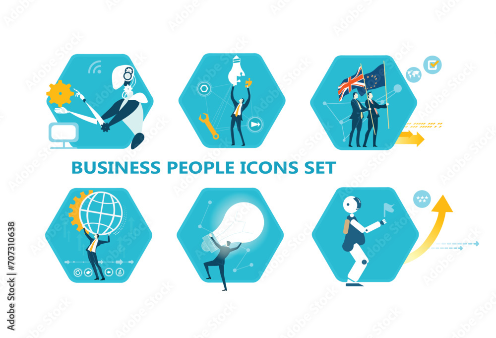 Fototapeta premium Business people and robot in actions, working, researching, analysing, developing, achieving, job positions, scientists and managers. Set of icons, flat style
