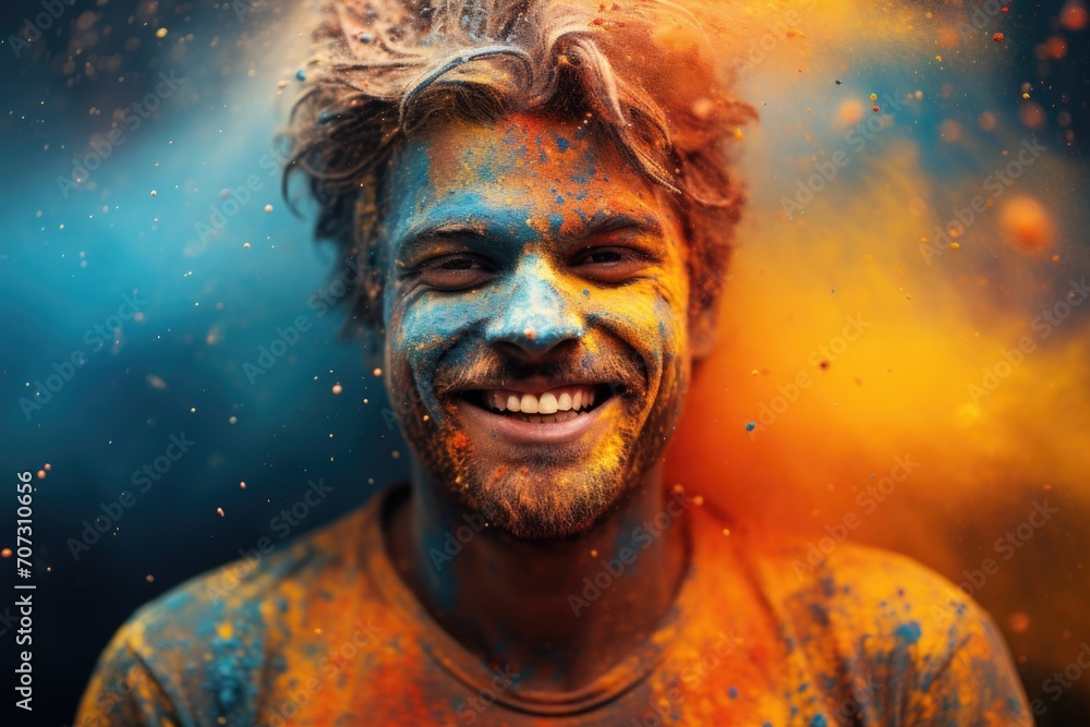 Happy positive smiling fun man all stained with colorful paint celebrating Holi festival party with friends. - obrazy, fototapety, plakaty 