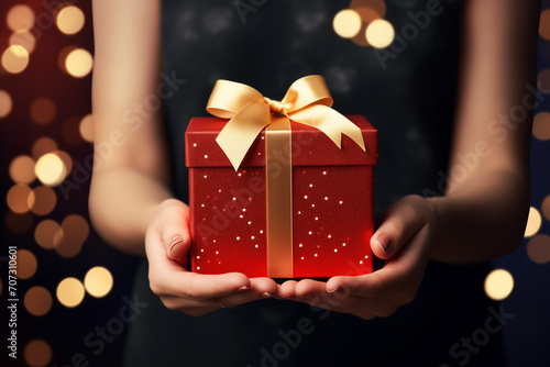 Woman hands holding elegant red present gift box with golden ribbon