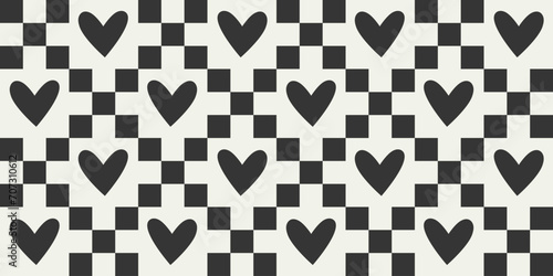 Black and white love heart seamless pattern illustration. Checkered romantic hearts background print. Valentine's day holiday backdrop texture, romantic wedding design.	