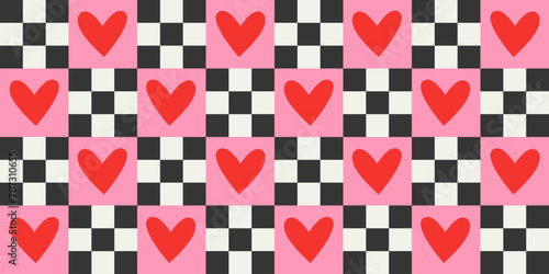 Red love heart seamless pattern illustration. Checkered romantic pink hearts background print. Valentine's day holiday backdrop texture, romantic wedding design.	