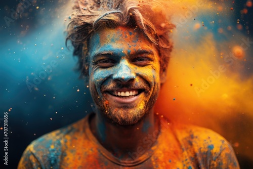 Happy positive smiling fun man all stained with colorful paint celebrating Holi festival party with friends.