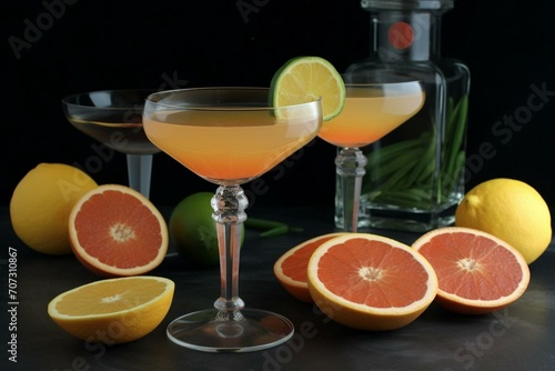 Recipe for a refreshing citrus cocktail in martini glasses. Perfect for holiday parties and celebrations. Generative AI