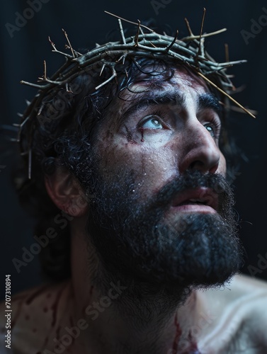 Divine Sacrifice: A powerful portrayal of Jesus Christ in pain with the crown of thorns, a symbol of the Christian belief in sacrifice, redemption, and the miraculous resurrection celebrated during th