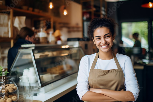 Attractive young woman at the counter in a coffee shop smiles affably and looks at the camera photo