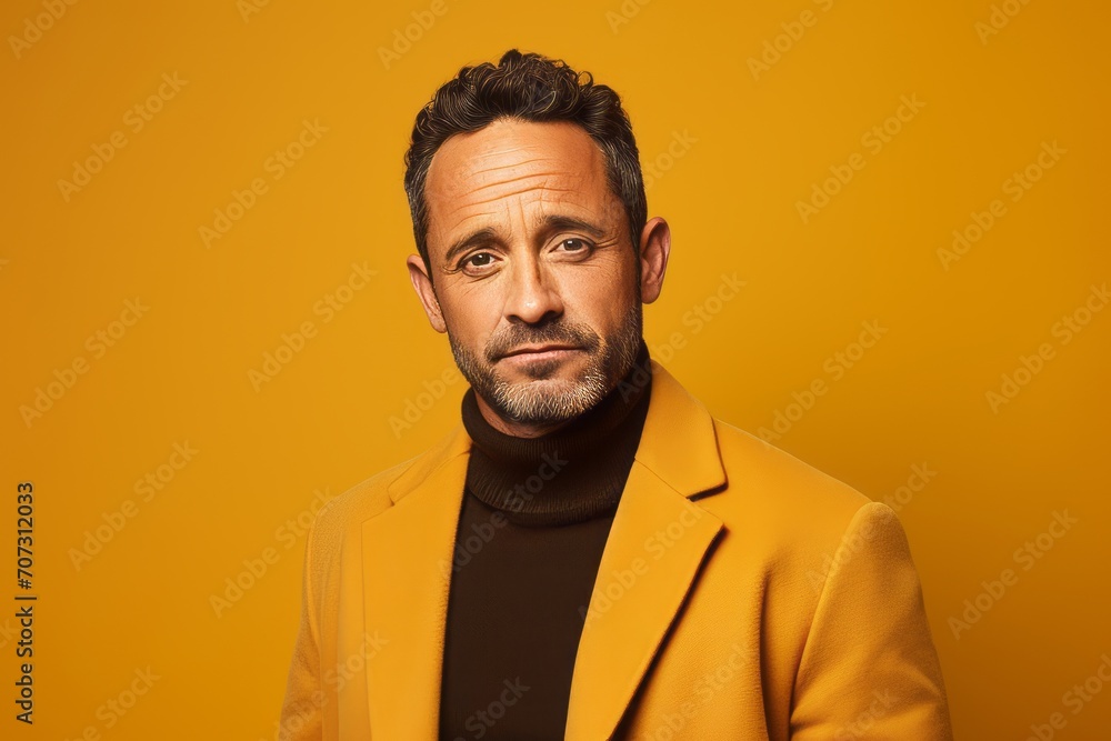 Portrait of handsome man in yellow coat, over yellow background. Portrait of handsome man in yellow coat, over yellow background.