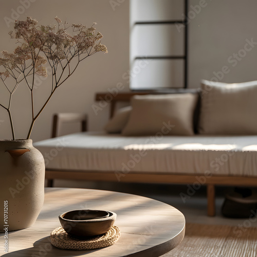 Harmony at Home: Relaxed Living Room with Minimalist Décor, Cozy Couch, and Serene Vibe - A Haven of Order and Comfort - Generative AI