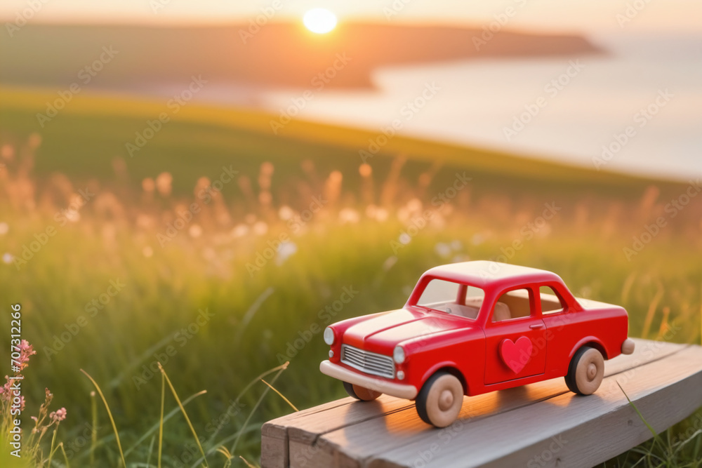 Scene of a wooden toy car with a red heart on the roof, resting on a spring meadow, blurred background of a coastal landscape - Valentine's day Scene of a wooden toy car with a red heart on the roof, resting on a spring meadow, blurred background of a coastal landscape - Valentine's day