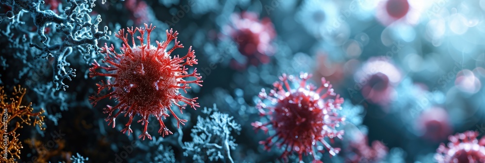 Coronavirus cells, virus under a microscope Coronavirus cells, virus under a microscope