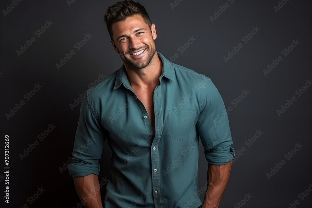 Handsome young man smiling at the camera while wearing a green shirt.